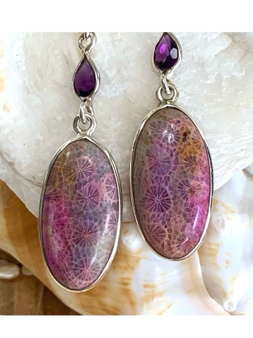 Indonesian Coral Fossil & Amethyst Sterling Silver Earrings